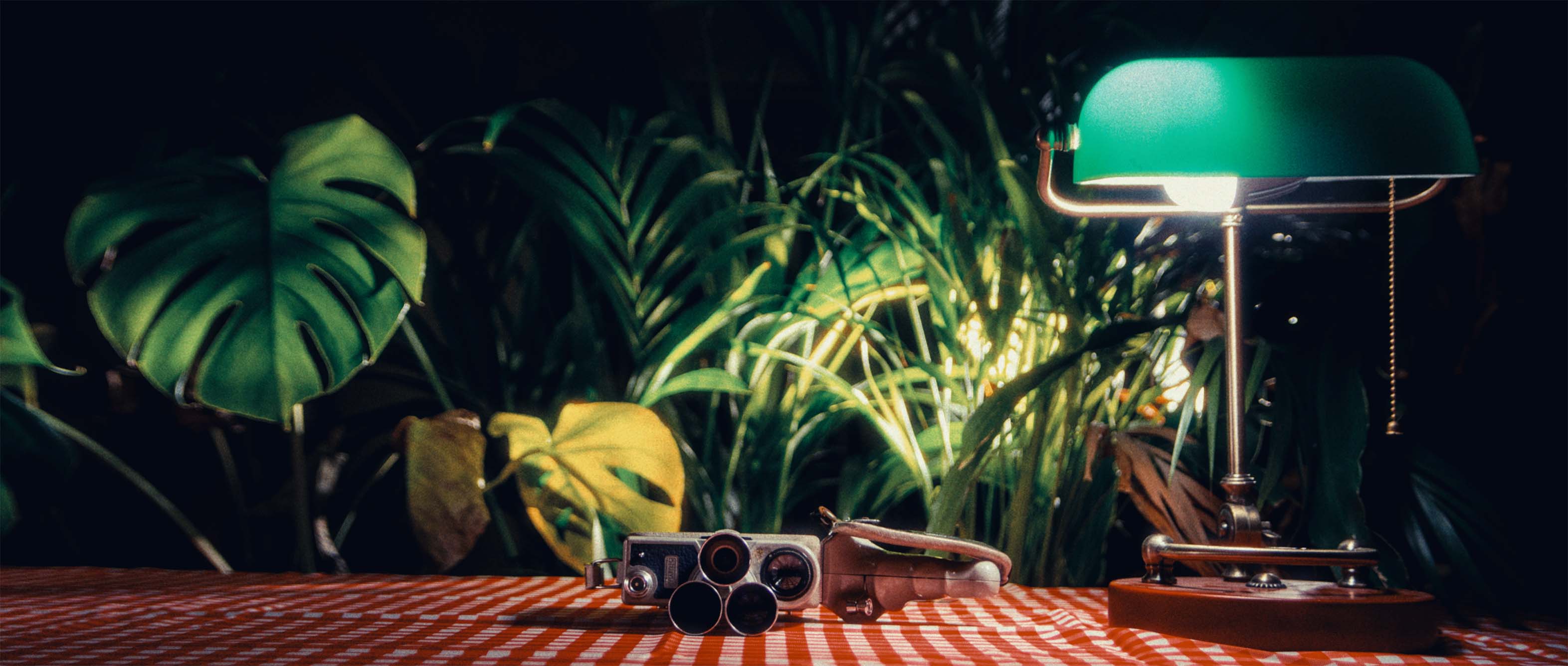 Cinematic still life with vintage camera and banker's lamp