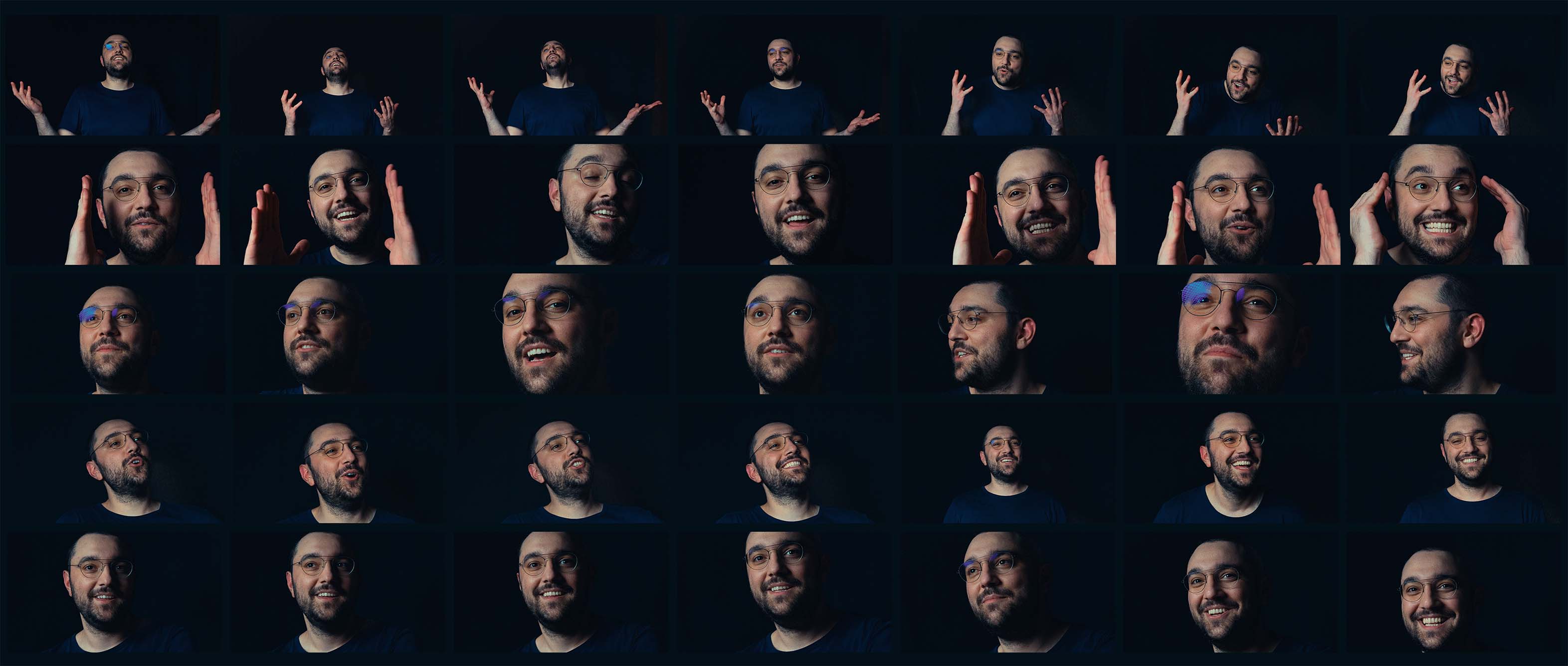 Grid of portrait expressions of Alex Waltz